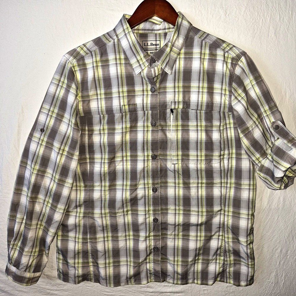 L.L.Bean Women's L Regular Long Sleeve Plaid Button Up Shirt Gray Green White